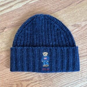 Polo Ralph Lauren Bear Beanie Ribbed Knit Hat Navy Blue Merino Wool One Size